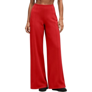 QINSEN Women’s Wide Leg Yoga Pants High Waisted Zipper Pockets Stretchy Palazzo Pants with Drawstring Hem(Red)