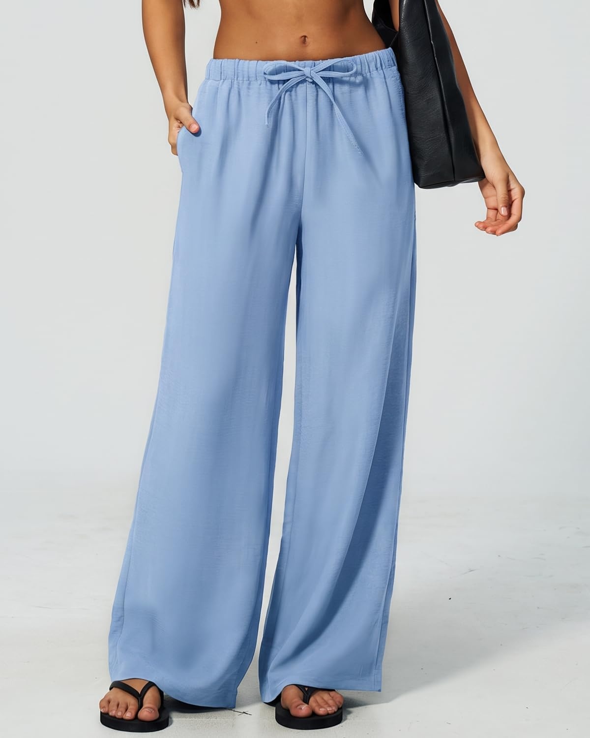 image:imageQINSEN Womens Wide Leg Palazzo Pants Wrinkle Resistant Flowy Drape TrousersBlue Bell