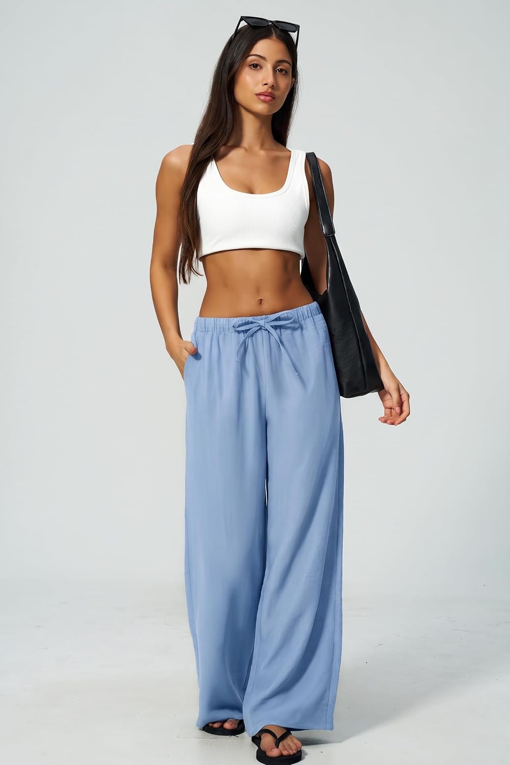 image:imageQINSEN Womens Wide Leg Palazzo Pants Wrinkle Resistant Flowy Drape TrousersBlue Bell