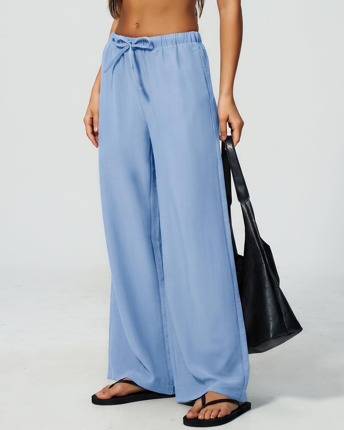 image:imageQINSEN Womens Wide Leg Palazzo Pants Wrinkle Resistant Flowy Drape TrousersBlue Bell