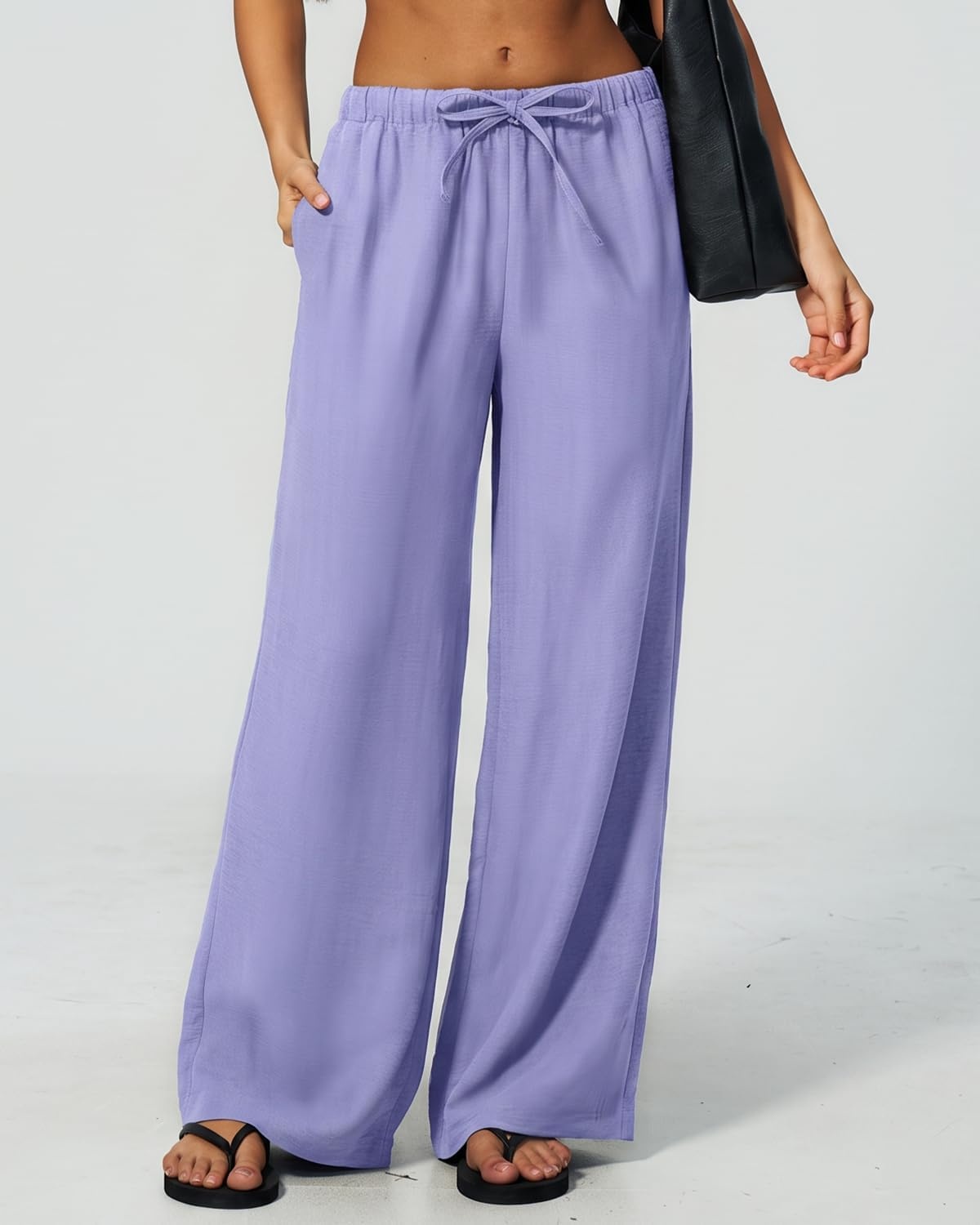 image:imageQINSEN Womens Wide Leg Palazzo Pants Wrinkle Resistant Flowy Drape TrousersBrunnera Blue