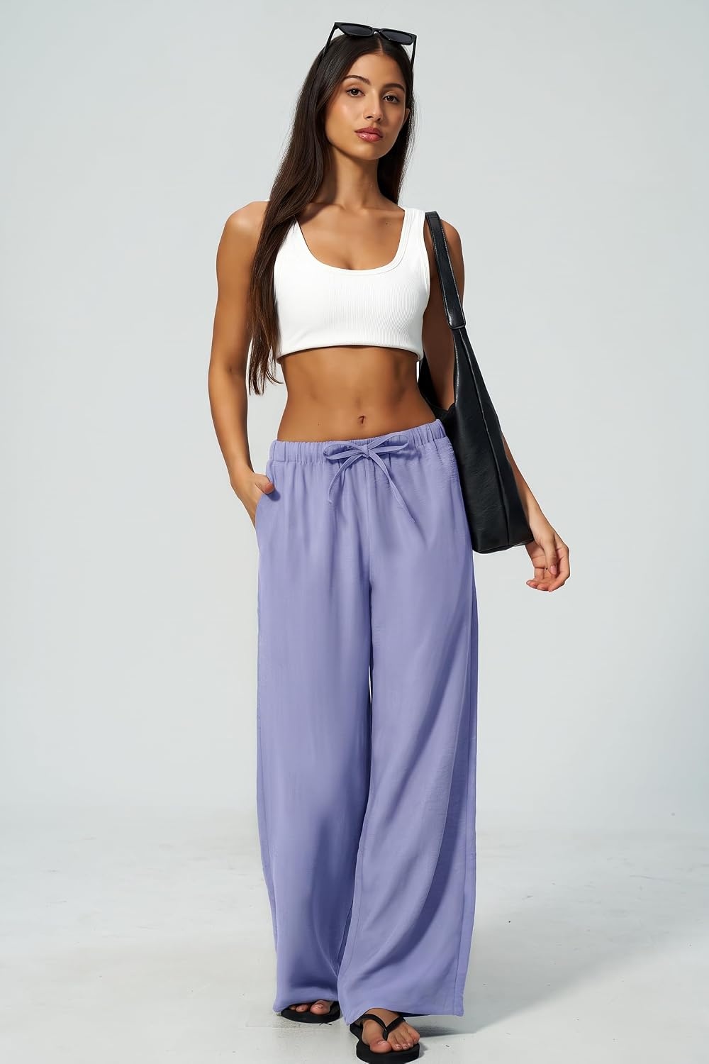 image:imageQINSEN Womens Wide Leg Palazzo Pants Wrinkle Resistant Flowy Drape TrousersBrunnera Blue