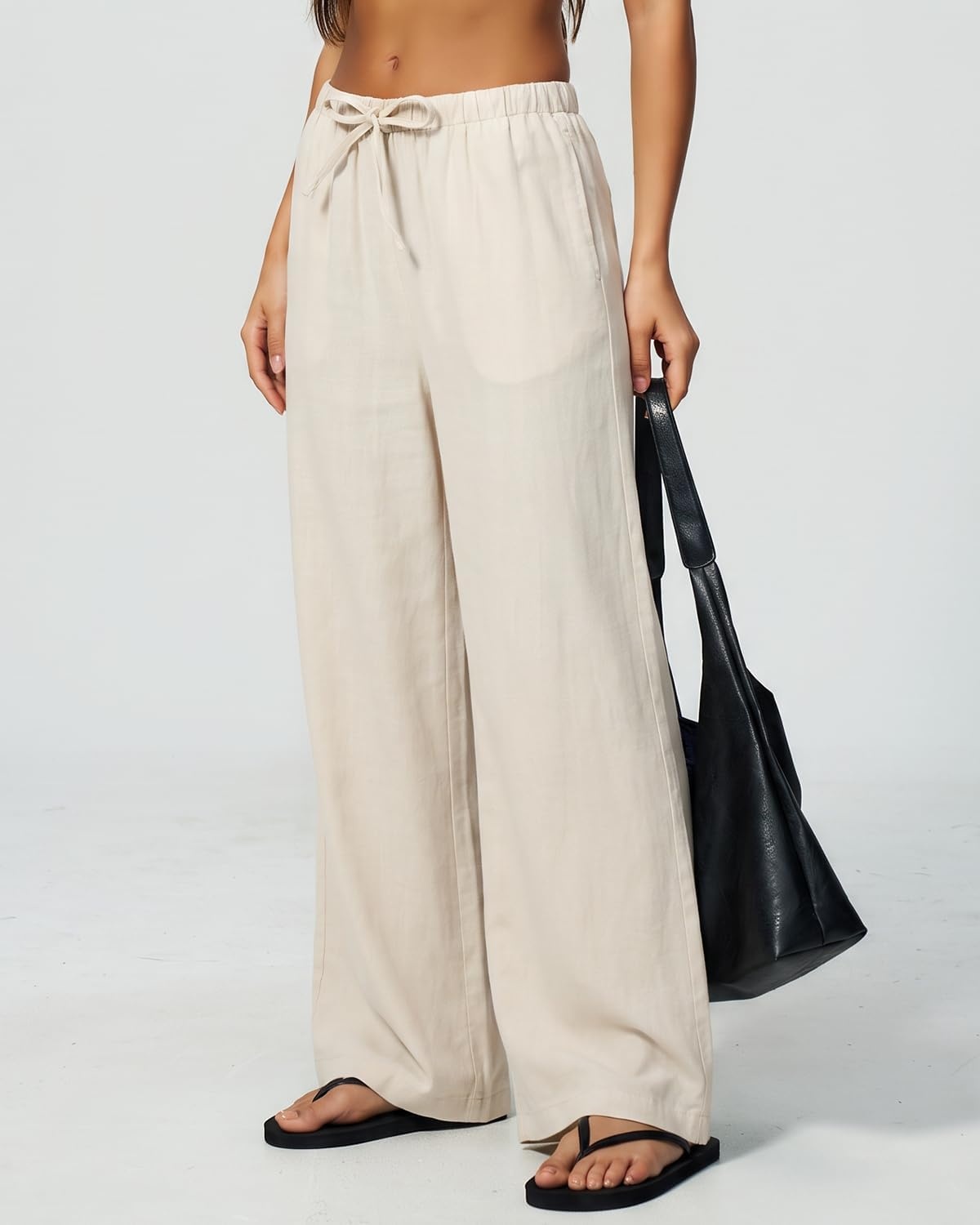 image:imageQINSEN Womens Wide Leg Palazzo Pants Wrinkle Resistant Flowy Drape TrousersWhisper White