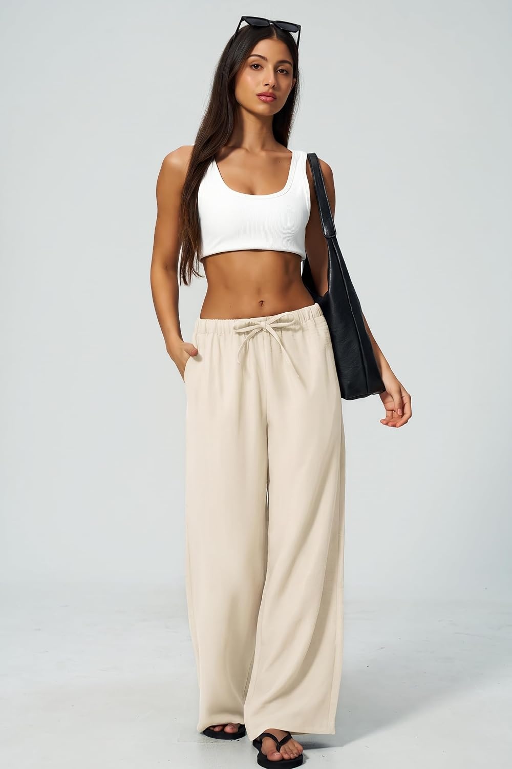 image:imageQINSEN Womens Wide Leg Palazzo Pants Wrinkle Resistant Flowy Drape TrousersWhisper White
