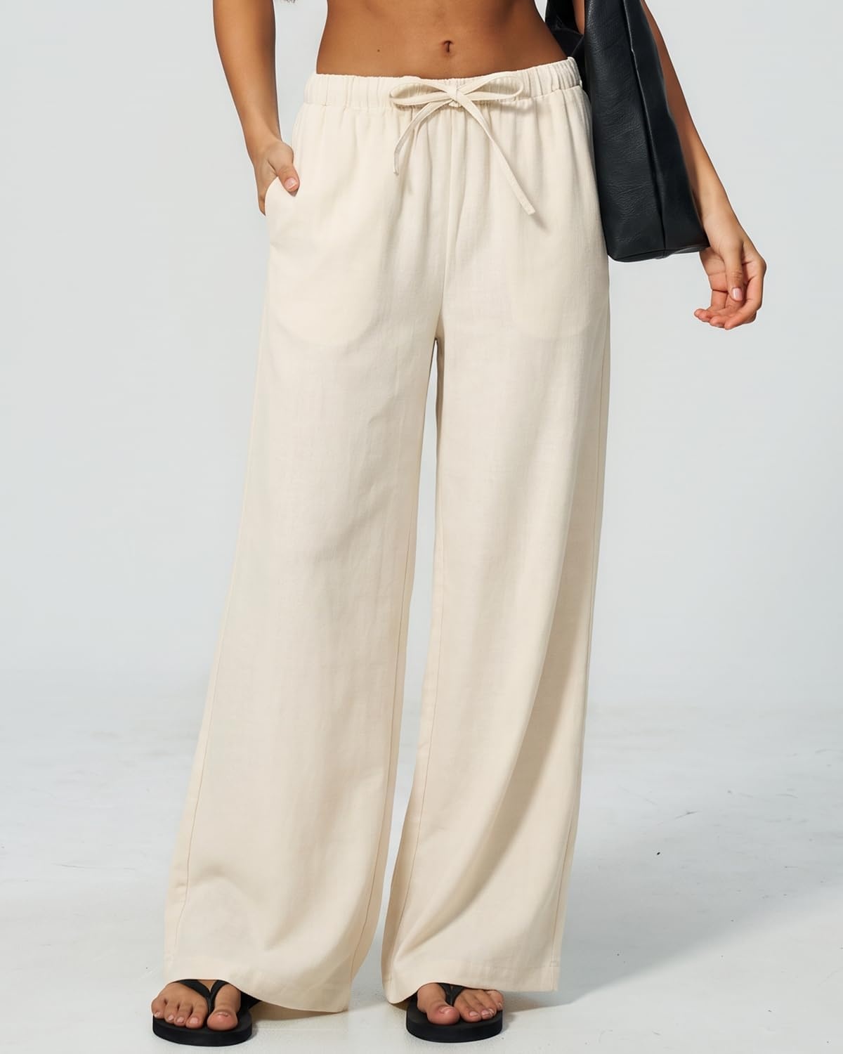 image:imageQINSEN Womens Wide Leg Palazzo Pants Wrinkle Resistant Flowy Drape TrousersWhisper White