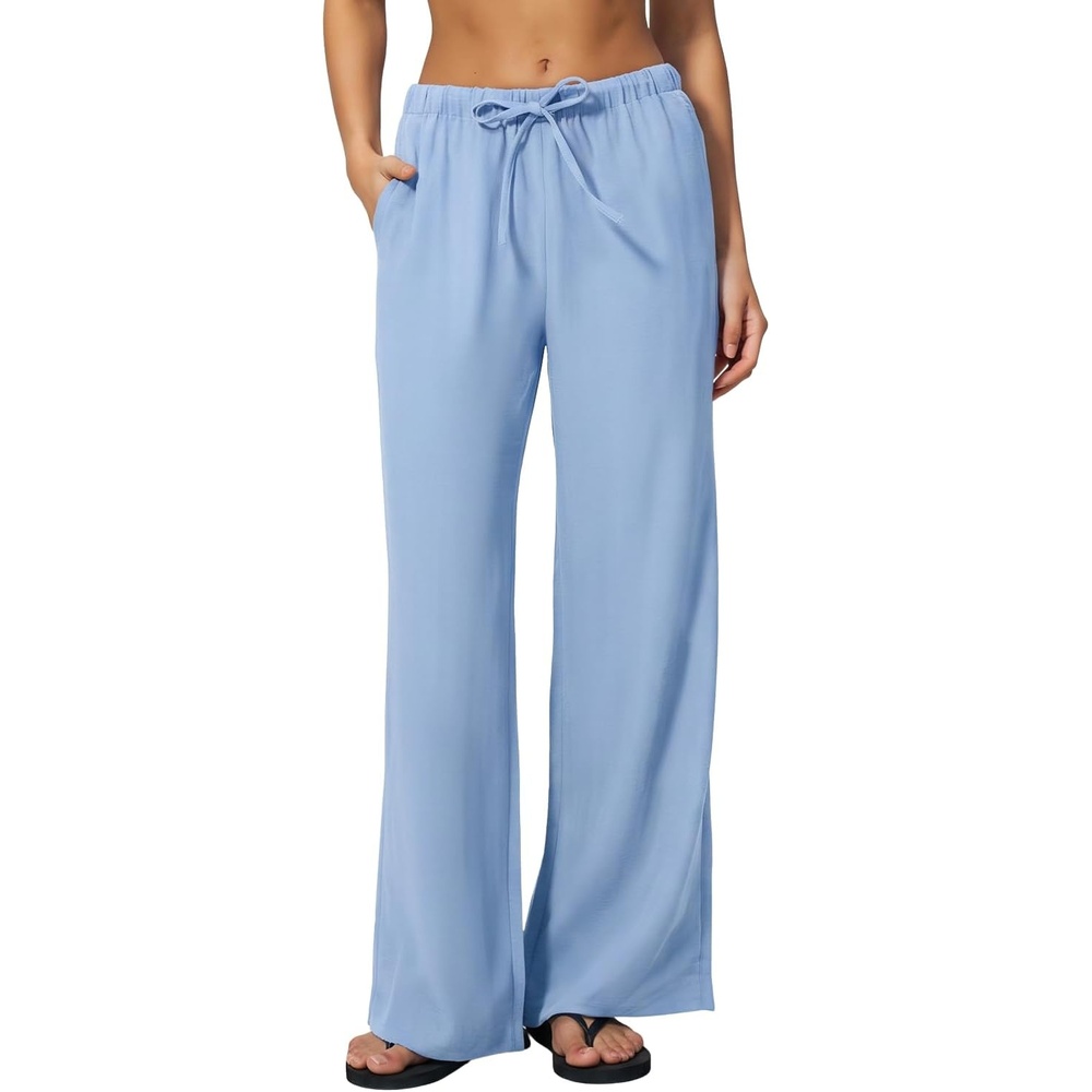 image:imageQINSEN Womens Wide Leg Palazzo Pants Wrinkle Resistant Flowy Drape TrousersBlue Bell
