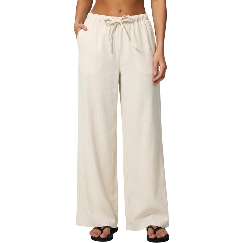 image:imageQINSEN Womens Wide Leg Palazzo Pants Wrinkle Resistant Flowy Drape TrousersWhisper White