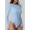 QINSEN Womens Crew Neck Long Sleeve Bodysuit Double Lined Body Suits Basic T-shirt Tops(Airy Blue)