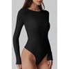 QINSEN Womens Crew Neck Long Sleeve Bodysuit Double Lined Body Suits Basic T-shirt Tops(Black)