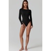 QINSEN Womens Crew Neck Long Sleeve Bodysuit Double Lined Body Suits Basic T-shirt Tops(Black)