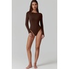 QINSEN Womens Crew Neck Long Sleeve Bodysuit Double Lined Body Suits Basic T-shirt Tops(Chestnut)