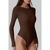 QINSEN Womens Crew Neck Long Sleeve Bodysuit Double Lined Body Suits Basic T-shirt Tops(Chestnut)