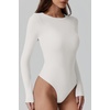 QINSEN Womens Crew Neck Long Sleeve Bodysuit Double Lined Body Suits Basic T-shirt Tops(Crystal Cream)