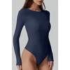 QINSEN Womens Crew Neck Long Sleeve Bodysuit Double Lined Body Suits Basic T-shirt Tops(Navy)