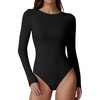 QINSEN Womens Crew Neck Long Sleeve Bodysuit Double Lined Body Suits Basic T-shirt Tops(Black)
