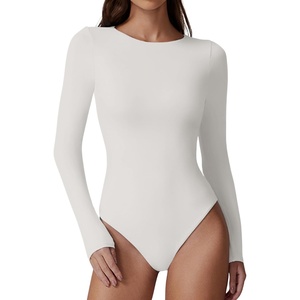 QINSEN Womens Crew Neck Long Sleeve Bodysuit Double Lined Body Suits Basic T-shirt Tops(Crystal Cream)