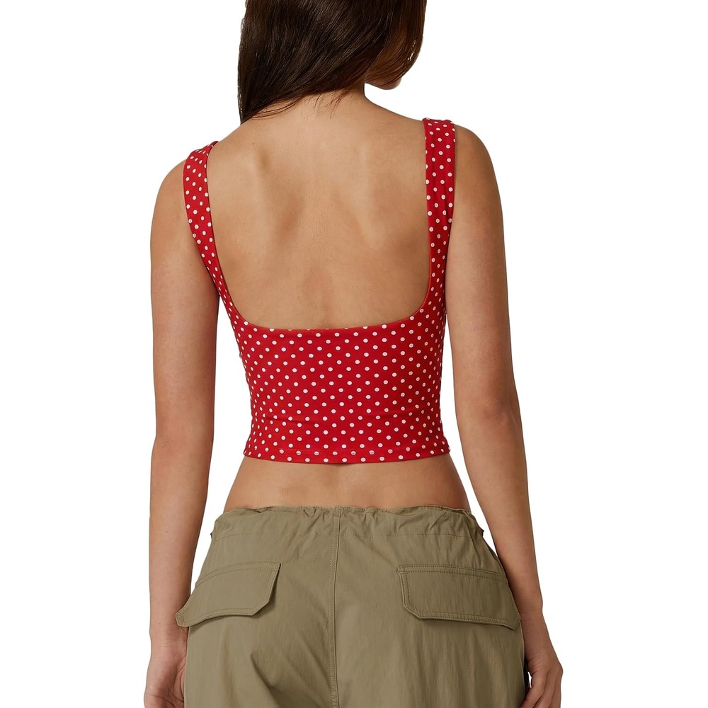 image:imageQINSEN Womens Sexy Open Back Sleeveless Crop Tank High Neck Slim Fit Cropped Tee Shirt Y2k TopsRed Polka Dots