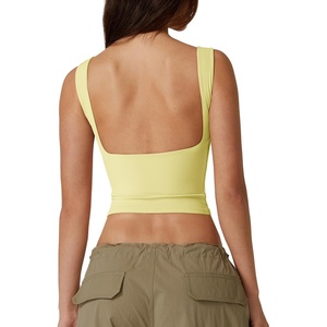 QINSEN Women’s Sexy Open Back Sleeveless Crop Tank High Neck Slim Fit Cropped Tee Shirt Y2k Tops(Light Yellow)