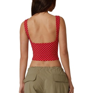 QINSEN Women’s Sexy Open Back Sleeveless Crop Tank High Neck Slim Fit Cropped Tee Shirt Y2k Tops(Red Polka Dots)