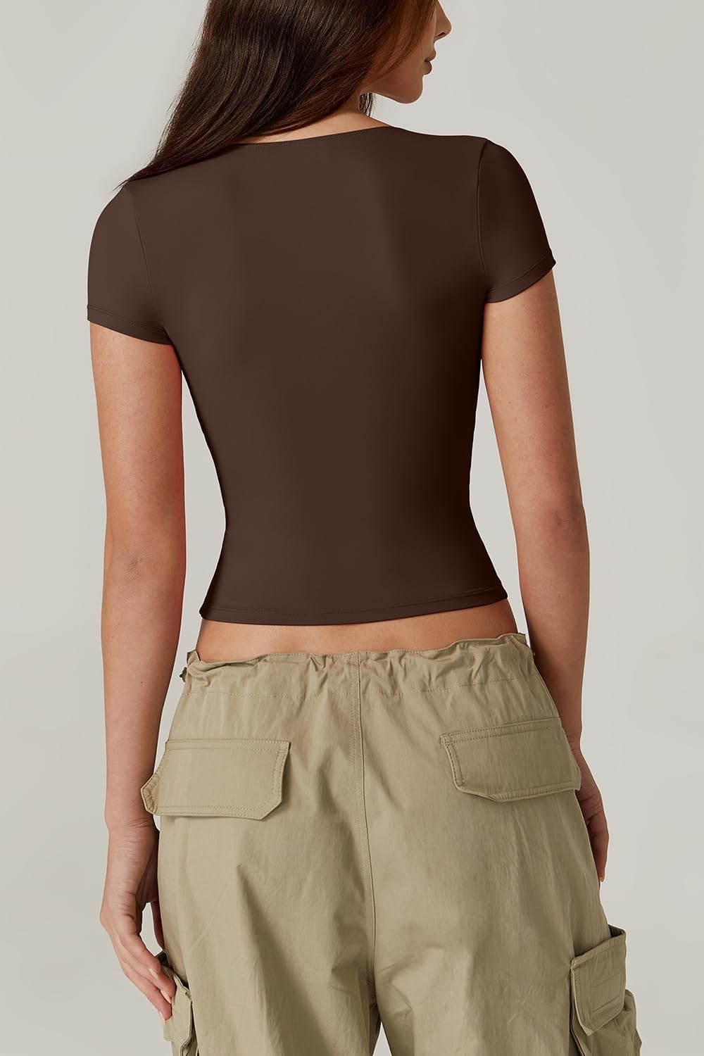 image:imageQINSEN Womens V Neck Short Sleeve T Shirts Double Lined Tee Seamed Cup Going Out TopsCoffee Bean