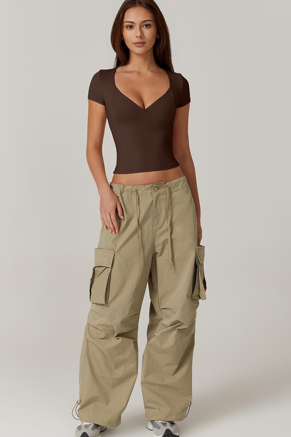 image:imageQINSEN Womens V Neck Short Sleeve T Shirts Double Lined Tee Seamed Cup Going Out TopsCoffee Bean