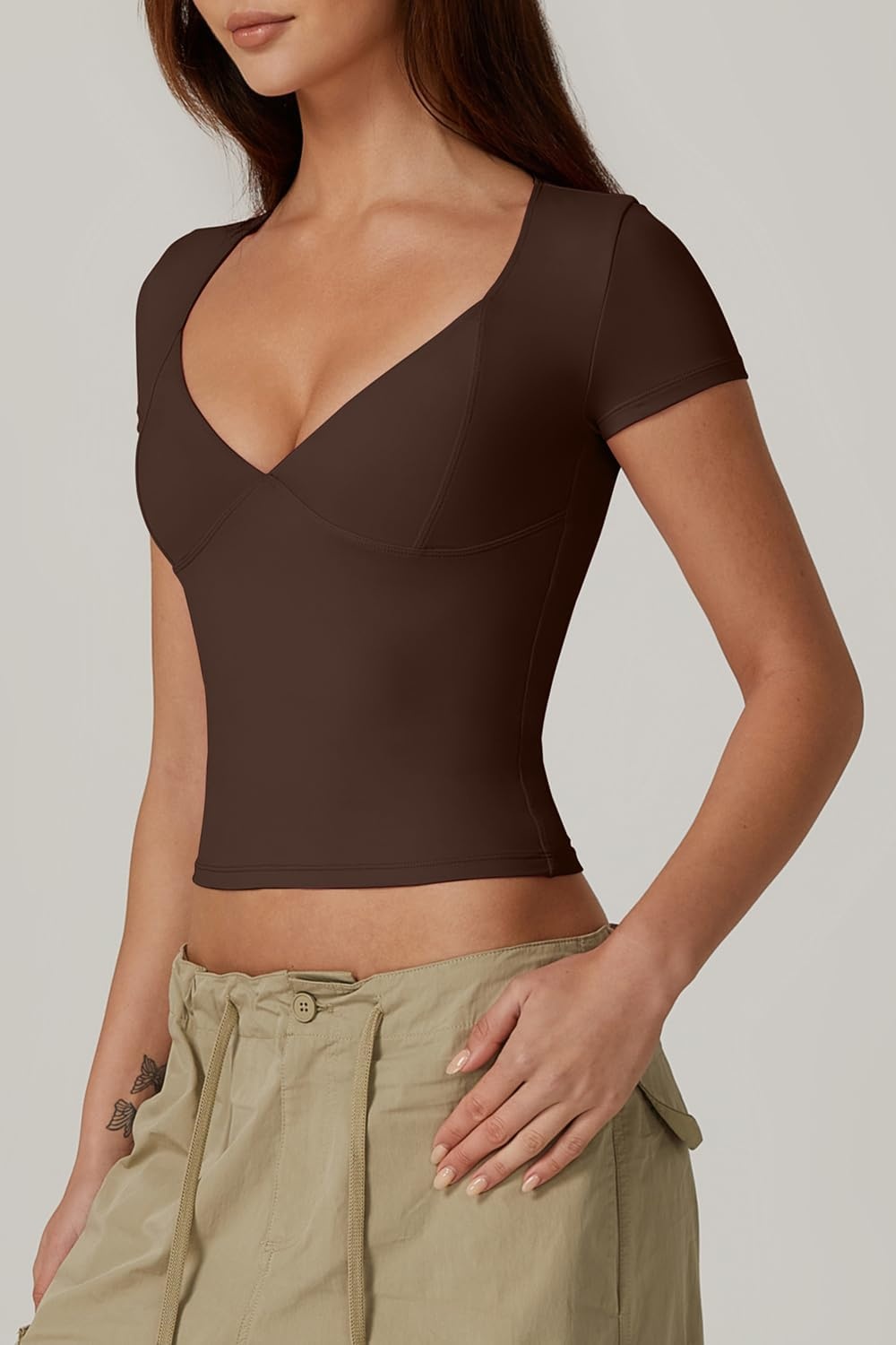 image:imageQINSEN Womens V Neck Short Sleeve T Shirts Double Lined Tee Seamed Cup Going Out TopsCoffee Bean
