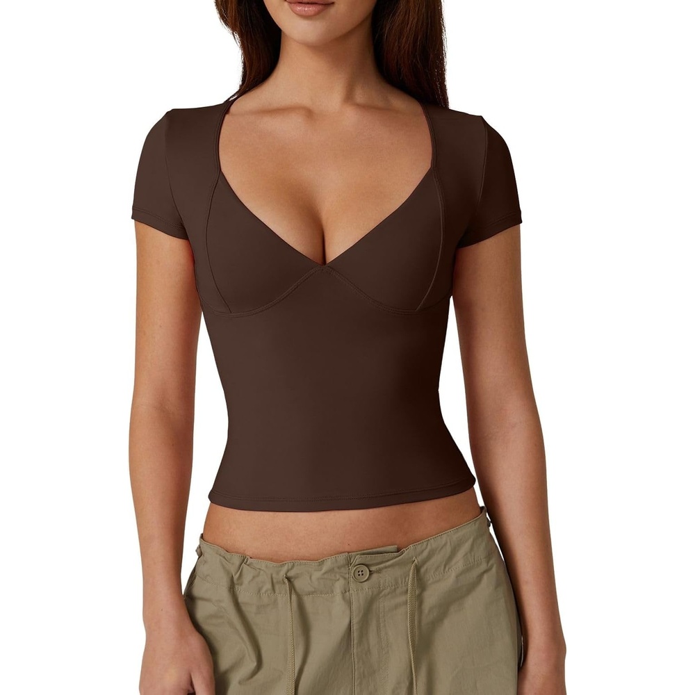image:imageQINSEN Womens V Neck Short Sleeve T Shirts Double Lined Tee Seamed Cup Going Out TopsCoffee Bean
