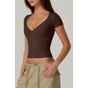 QINSEN Women’s V Neck Short Sleeve T Shirts Double Lined Tee Seamed Cup Going Out Tops(Coffee Bean)