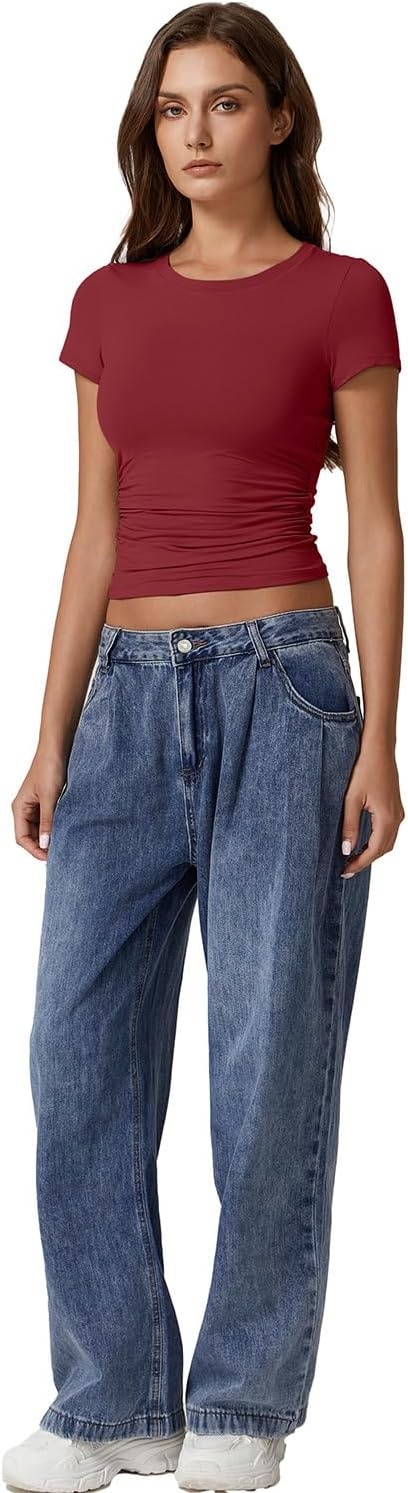 image:imageQINSEN Short Sleeve Shirts for Women Round Neck Basic Double Lined Tees Fitted Y2k Crop TopsBurgundy