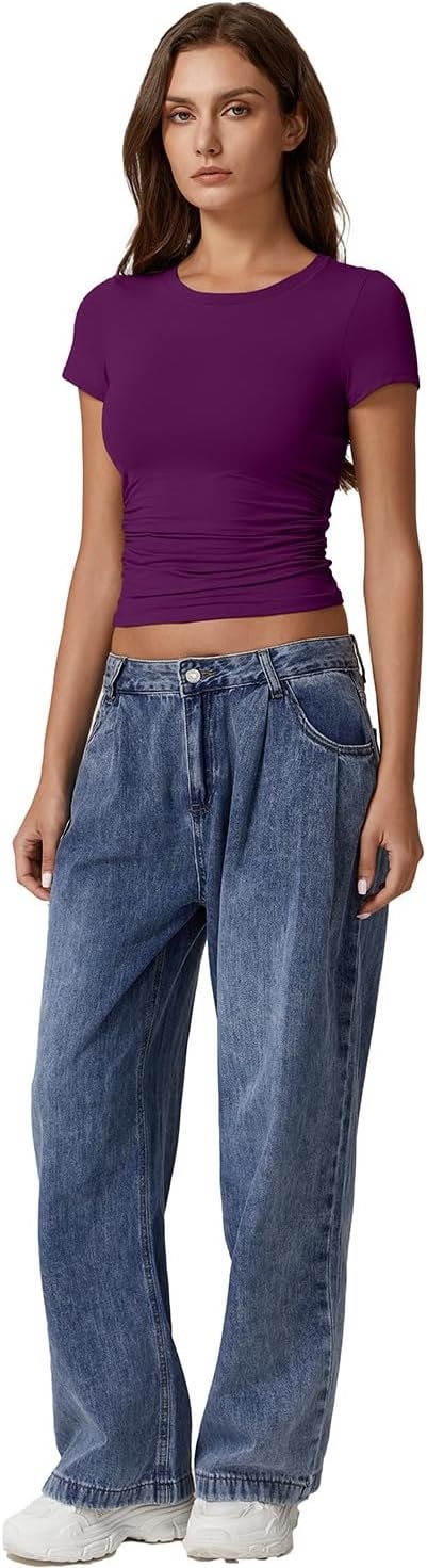 image:imageQINSEN Short Sleeve Shirts for Women Round Neck Basic Double Lined Tees Fitted Y2k Crop TopsDeep Berry