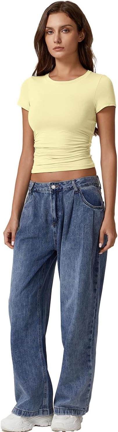 image:imageQINSEN Short Sleeve Shirts for Women Round Neck Basic Double Lined Tees Fitted Y2k Crop TopsLight Yellow