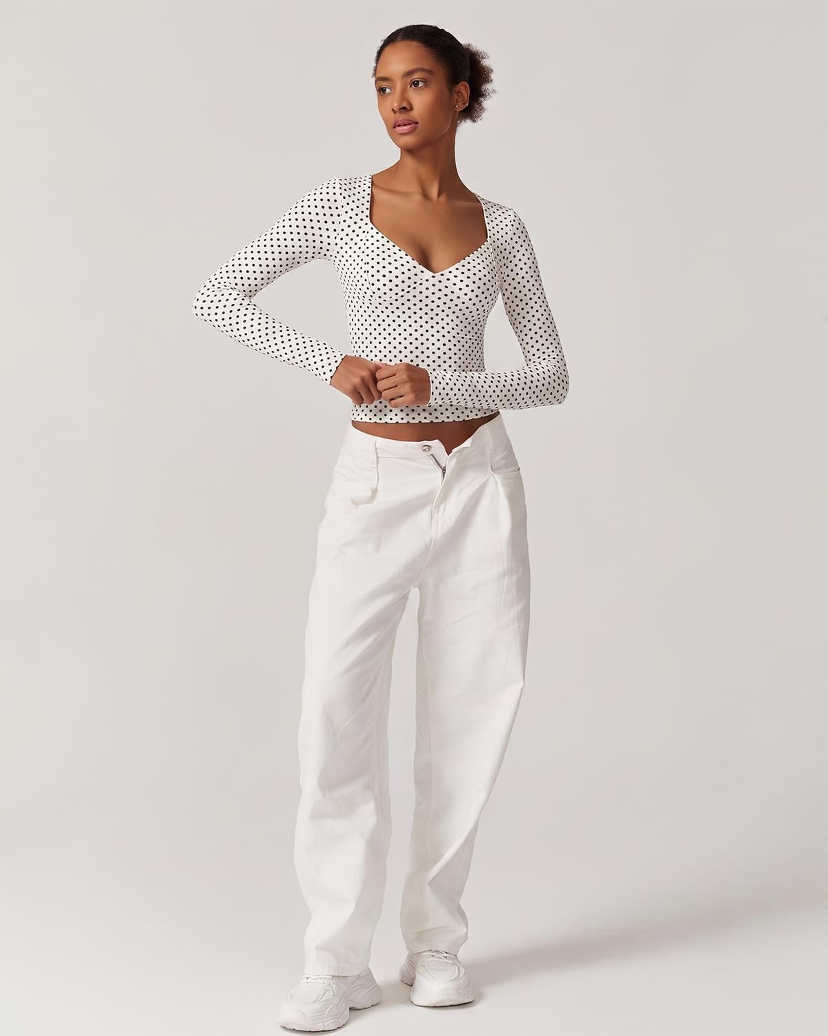 image:imageQINSEN Womens Long Sleeve V Neck T Shirts Double Lined Crop Top Seamed Cup Going Out TopsBlack Polka Dots
