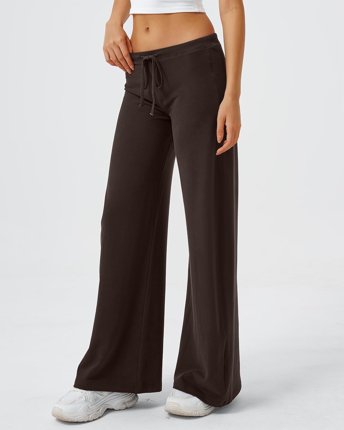 image:imageQINSEN Womens Low Rise Wide Leg Pants Lightweight Stretch Lounge PantsMocha Brown