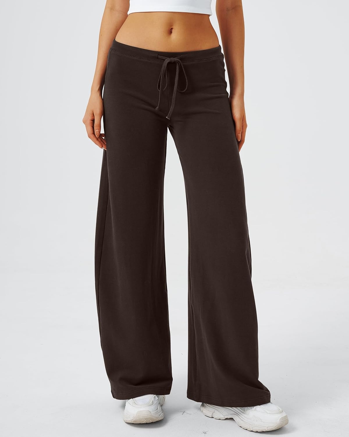 image:imageQINSEN Womens Low Rise Wide Leg Pants Lightweight Stretch Lounge PantsMocha Brown