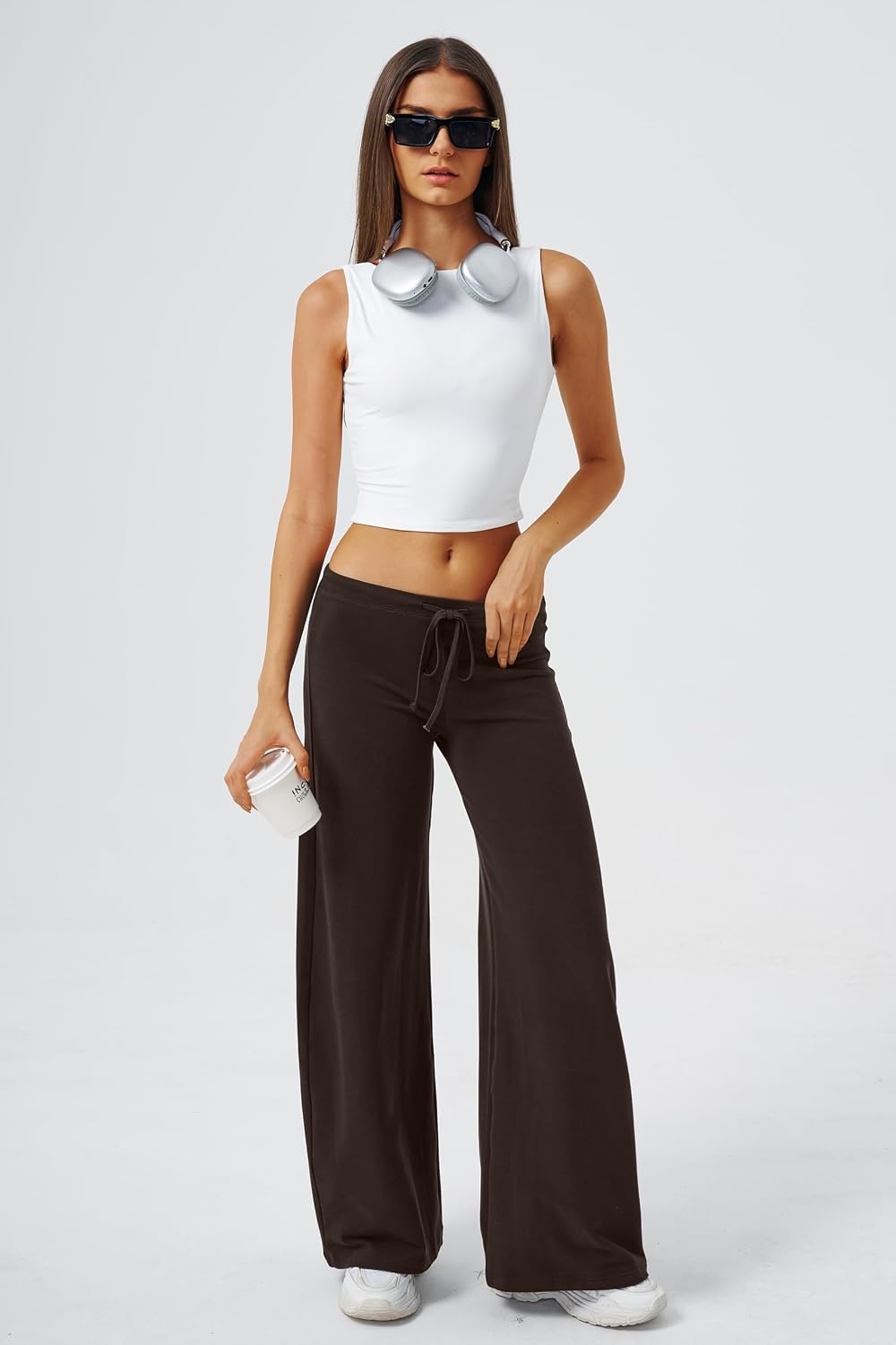 image:imageQINSEN Womens Low Rise Wide Leg Pants Lightweight Stretch Lounge PantsMocha Brown