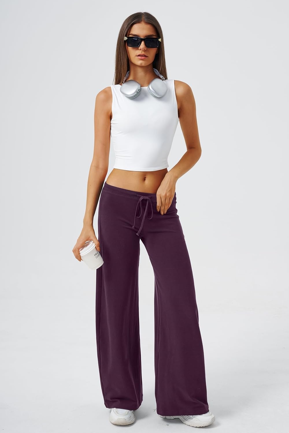 image:imageQINSEN Womens Low Rise Wide Leg Pants Lightweight Stretch Lounge PantsPurple