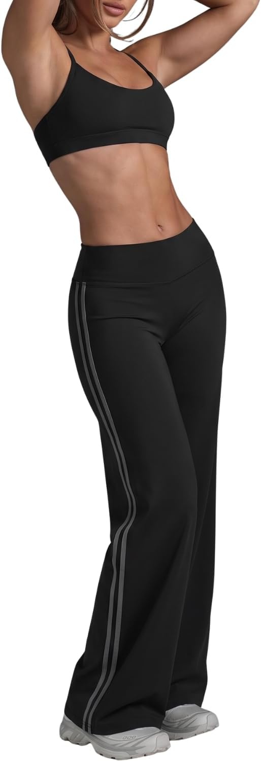 image:imageQINSEN Womens No Front Seam Workout Leggings Stripes Wide Leg Yoag PantsBlack