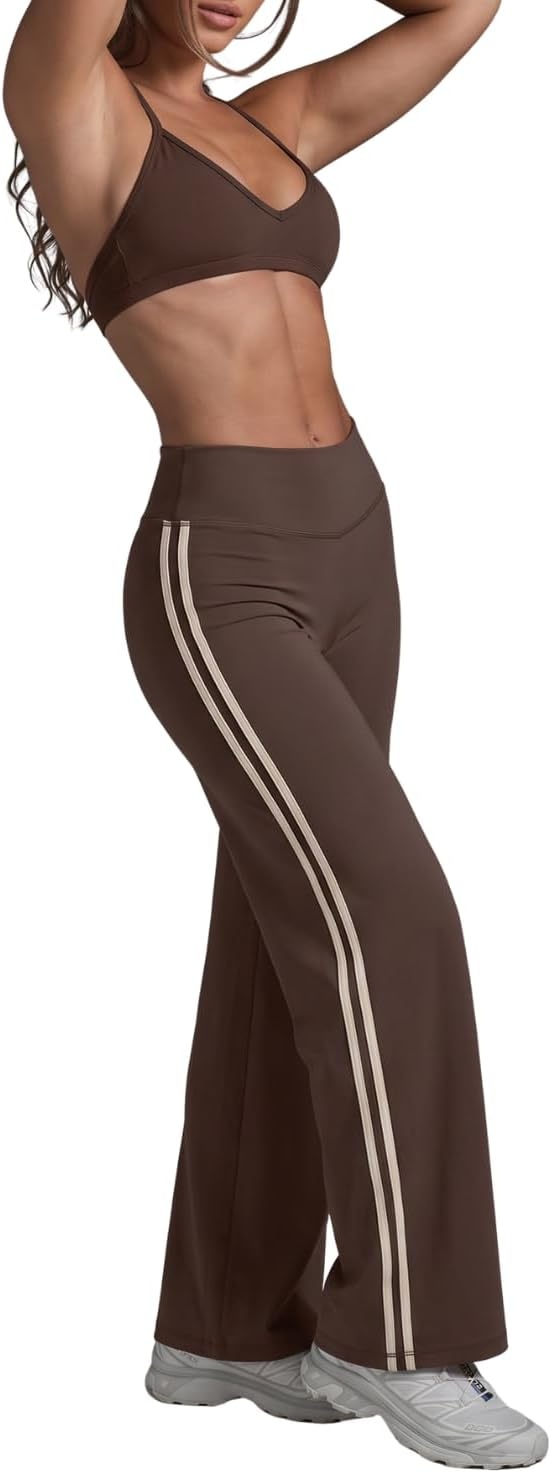 image:imageQINSEN Womens No Front Seam Workout Leggings Stripes Wide Leg Yoag PantsMocha Brown