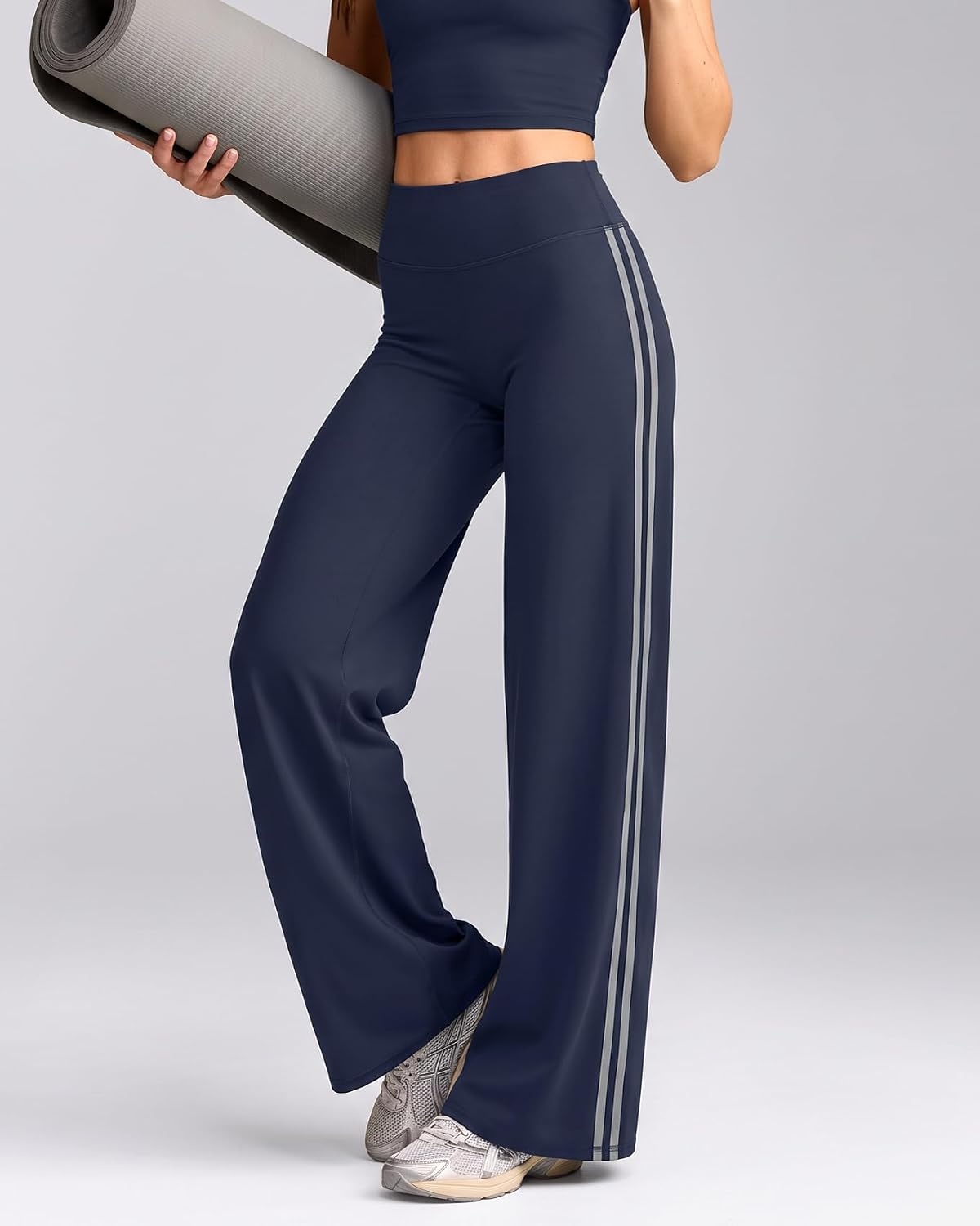 image:imageQINSEN Womens No Front Seam Workout Leggings Stripes Wide Leg Yoag PantsNavy Blue
