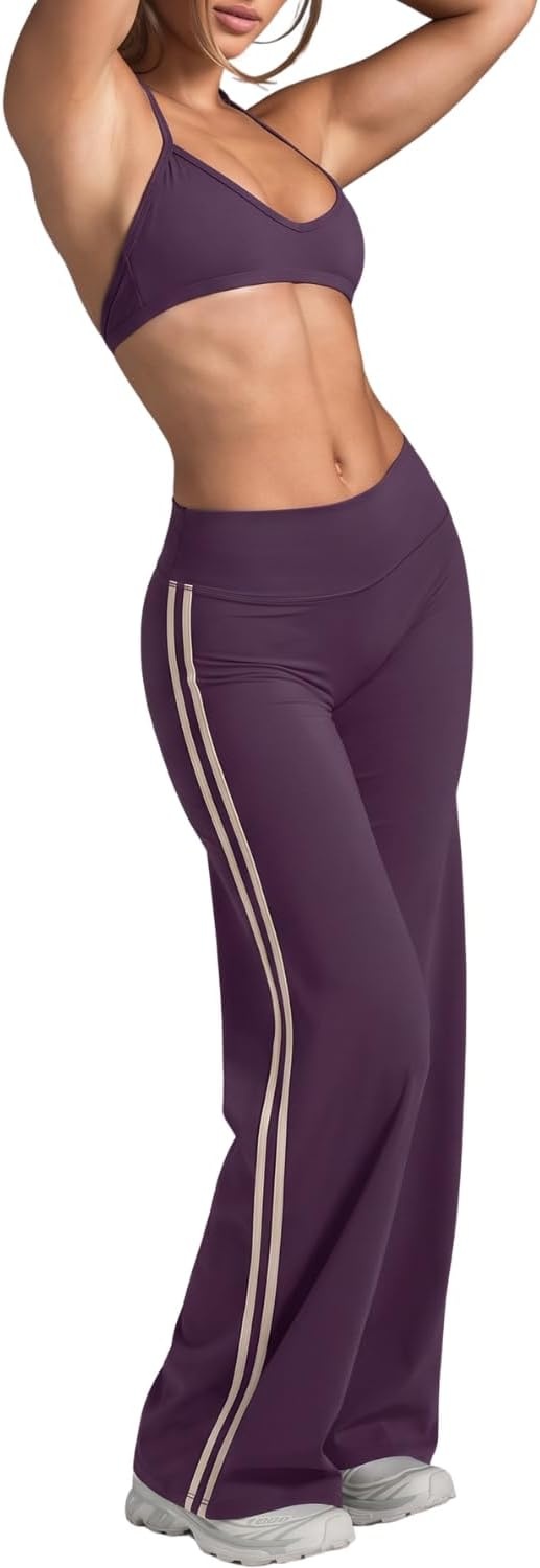 image:imageQINSEN Womens No Front Seam Workout Leggings Stripes Wide Leg Yoag PantsPurple