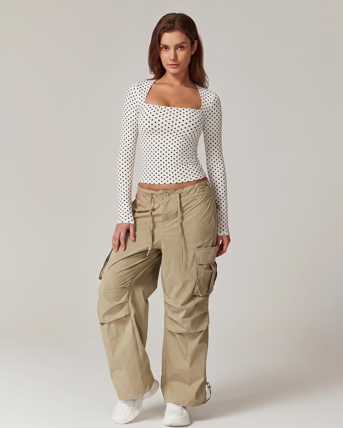image:imageQINSEN Womens Sexy Square Neck Shirt Long Sleeve Double Lined Tees Fitted Going Out TopsBlack Polka Dots