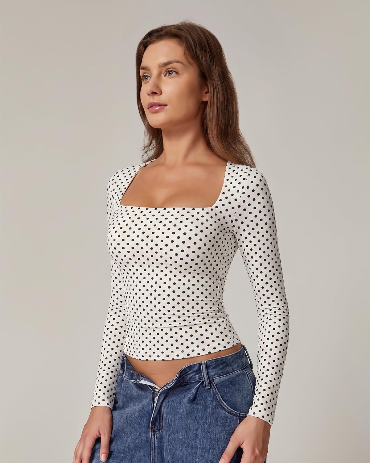 image:imageQINSEN Womens Sexy Square Neck Shirt Long Sleeve Double Lined Tees Fitted Going Out TopsBlack Polka Dots