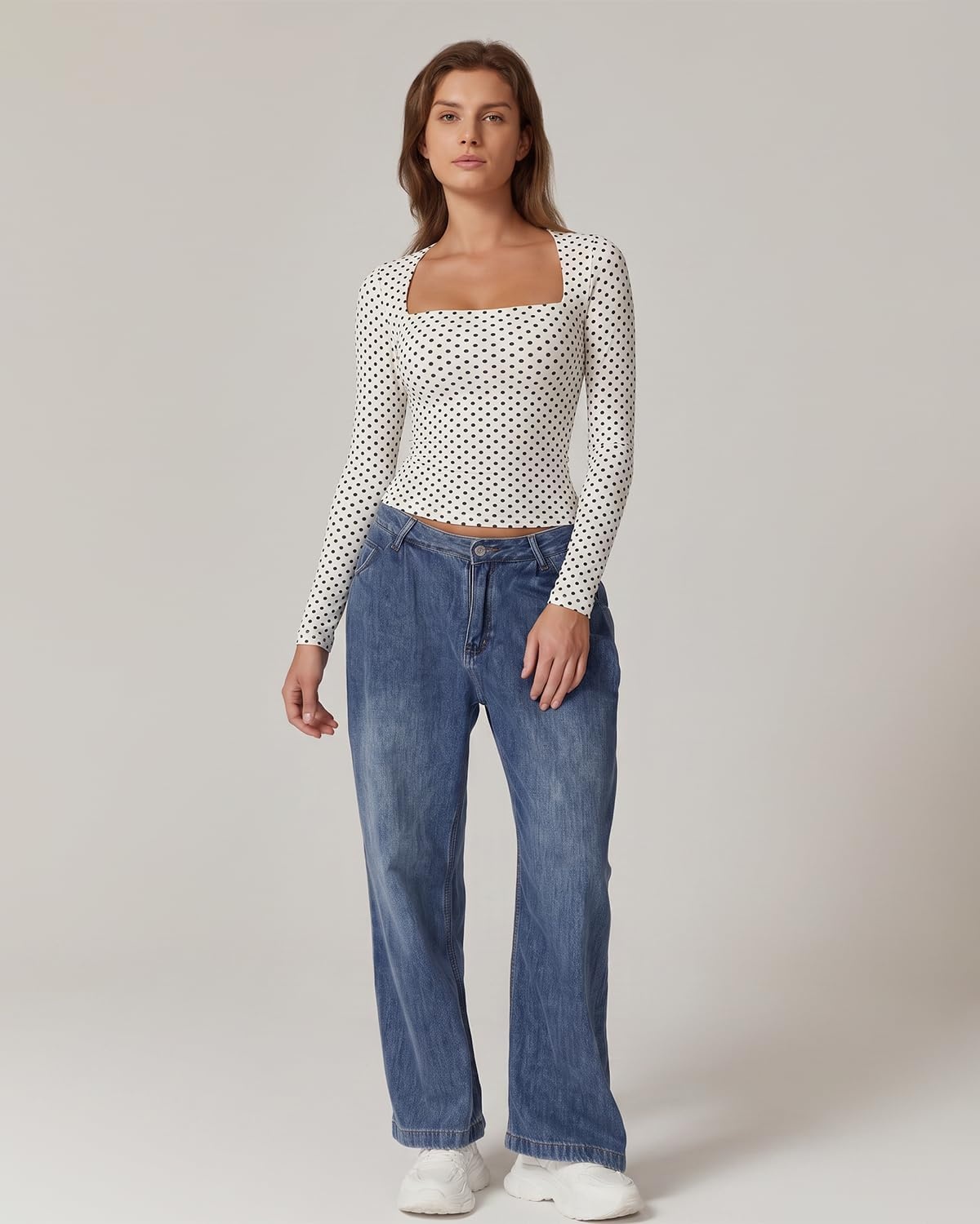 image:imageQINSEN Womens Sexy Square Neck Shirt Long Sleeve Double Lined Tees Fitted Going Out TopsBlack Polka Dots