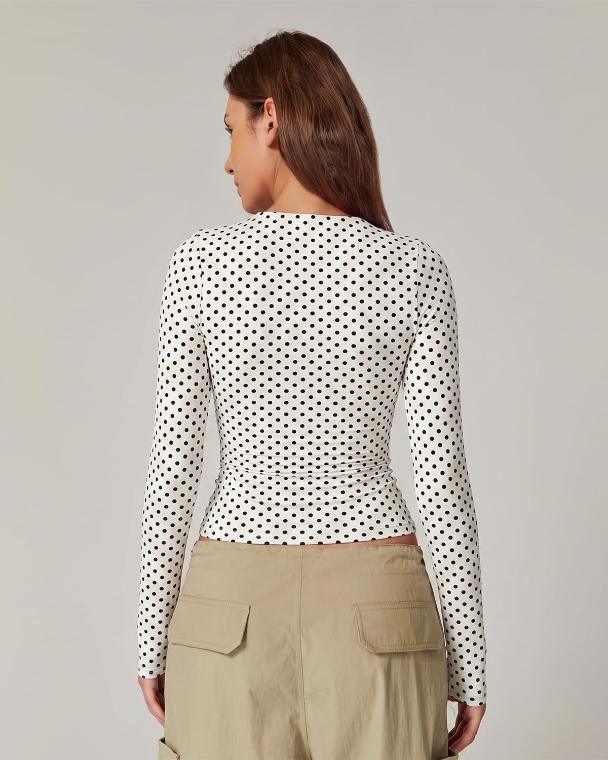 image:imageQINSEN Womens Sexy Square Neck Shirt Long Sleeve Double Lined Tees Fitted Going Out TopsBlack Polka Dots