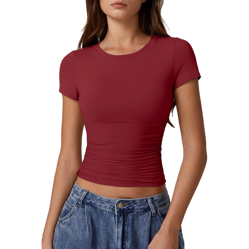 image:imageQINSEN Short Sleeve Shirts for Women Round Neck Basic Double Lined Tees Fitted Y2k Crop TopsBurgundy