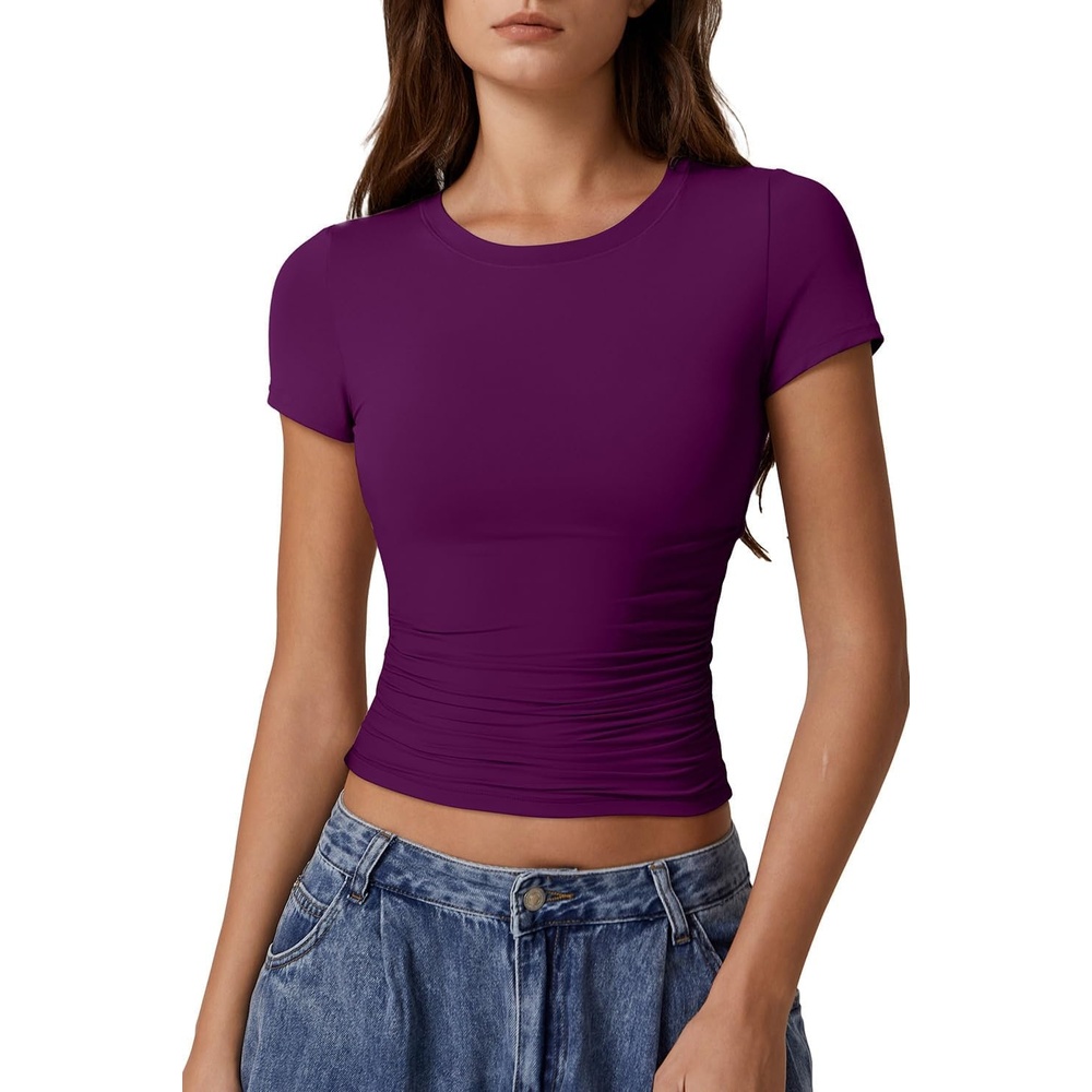 image:imageQINSEN Short Sleeve Shirts for Women Round Neck Basic Double Lined Tees Fitted Y2k Crop TopsDeep Berry