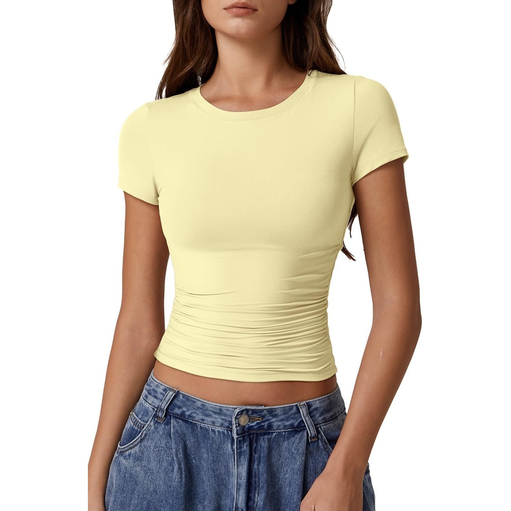 image:imageQINSEN Short Sleeve Shirts for Women Round Neck Basic Double Lined Tees Fitted Y2k Crop TopsLight Yellow