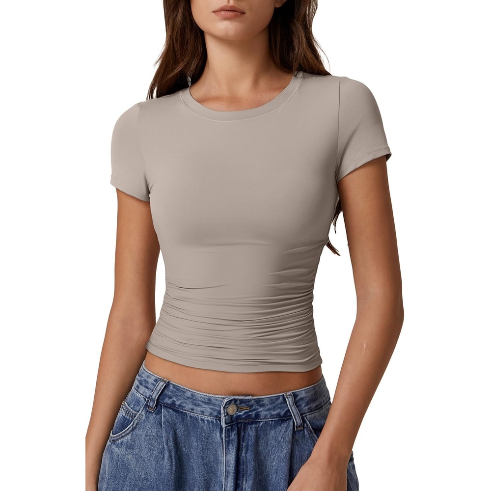 image:imageQINSEN Short Sleeve Shirts for Women Round Neck Basic Double Lined Tees Fitted Y2k Crop TopsTaupe