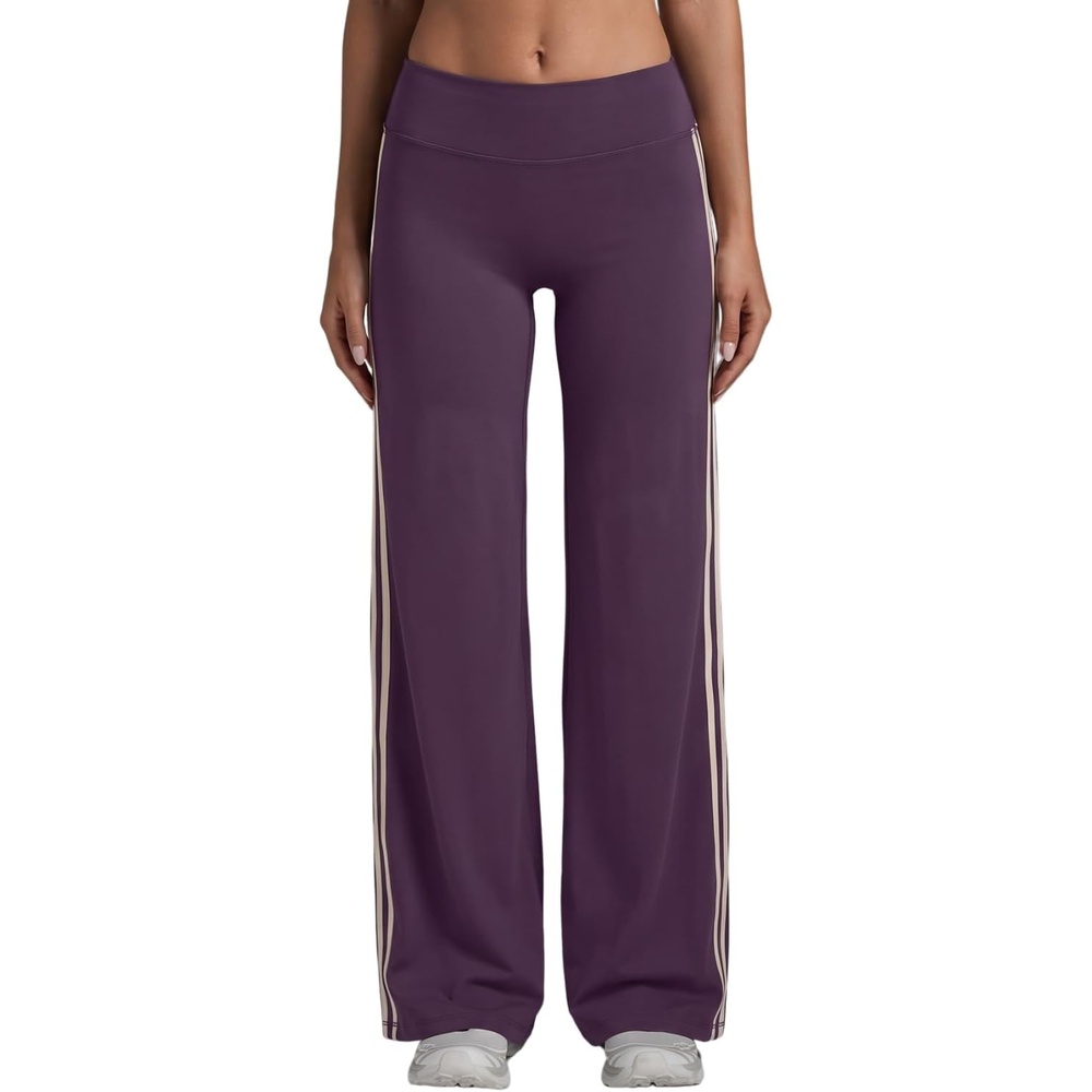 image:imageQINSEN Womens No Front Seam Workout Leggings Stripes Wide Leg Yoag PantsPurple