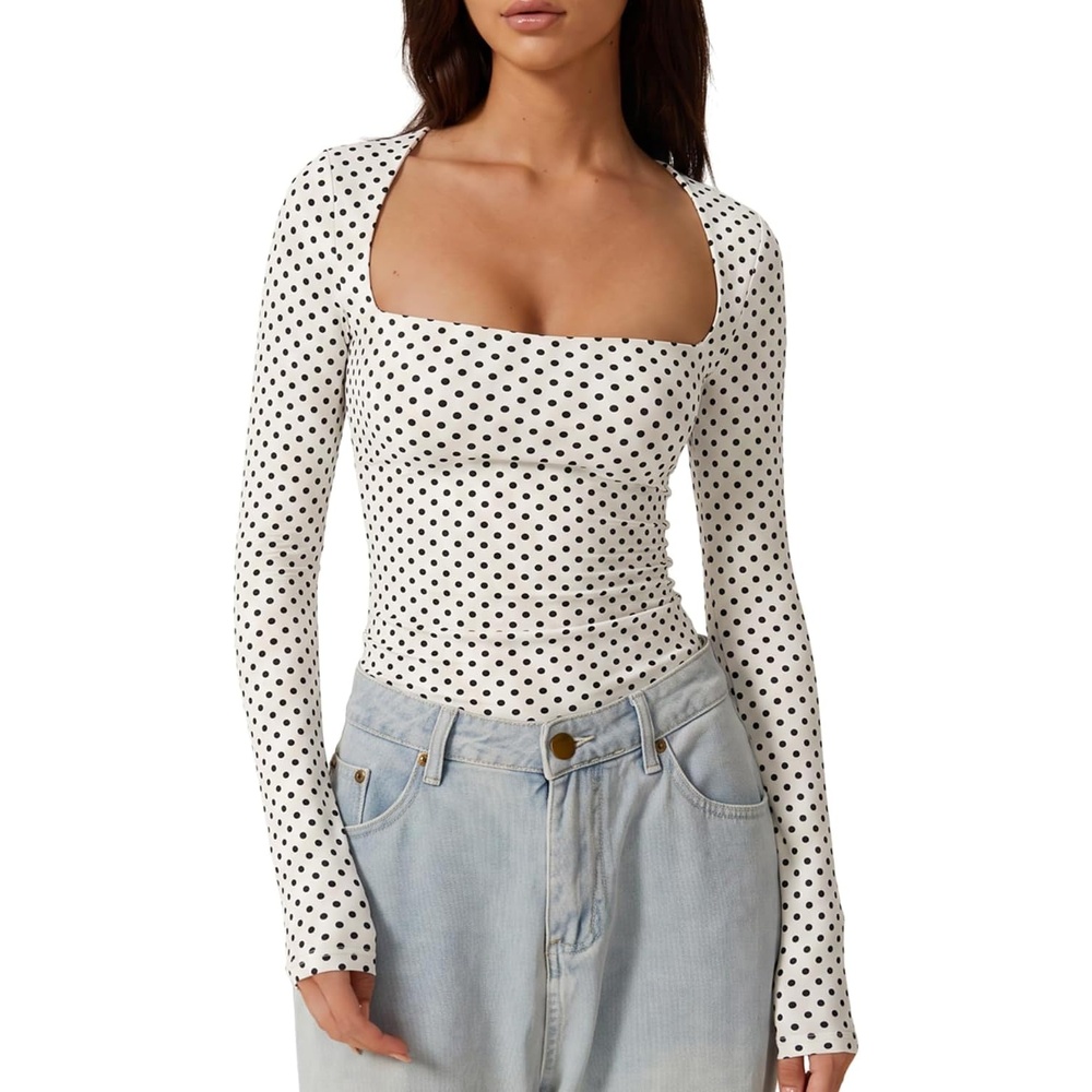 image:imageQINSEN Womens Sexy Square Neck Shirt Long Sleeve Double Lined Tees Fitted Going Out TopsBlack Polka Dots